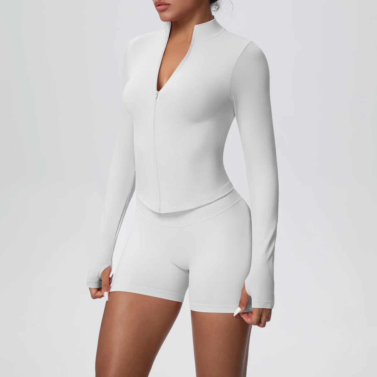 Women Gym Set - Seamless Yoga Suit With Zip Shirt & Cycling Shorts Activewear
