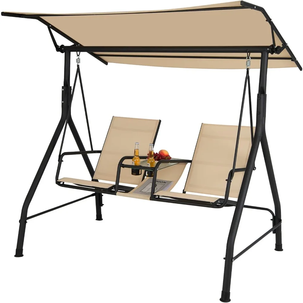 2 Person Porch Swing,  Outdoor Swing with Tempered Glass Table, 2 Cup Holder,  Patio Swing with Adjustable Canopy 6
