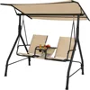 2 Person Porch Swing,  Outdoor Swing with Tempered Glass Table, 2 Cup Holder,  Patio Swing with Adjustable Canopy 6