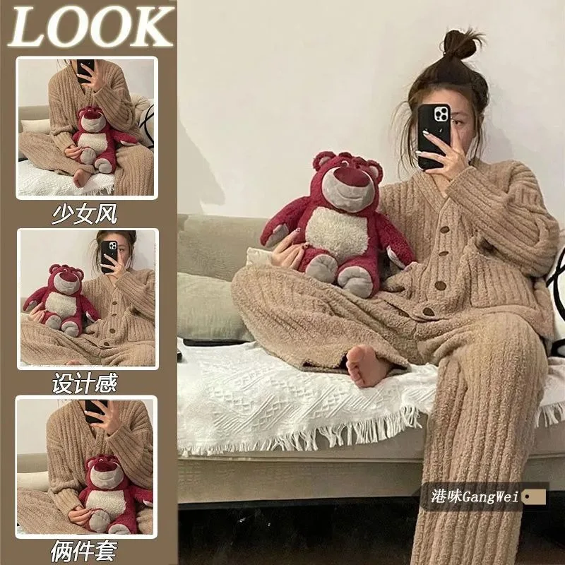 New Flannel Women's Pajamas Suit Fall and Winter Striped Simple Fashion Large Size Can Be Worn Outside Home Wear Sleepwear Set long sleeved home wear lapel button wide leg home casual wear new style can be worn outside pajamas women autumn and winter