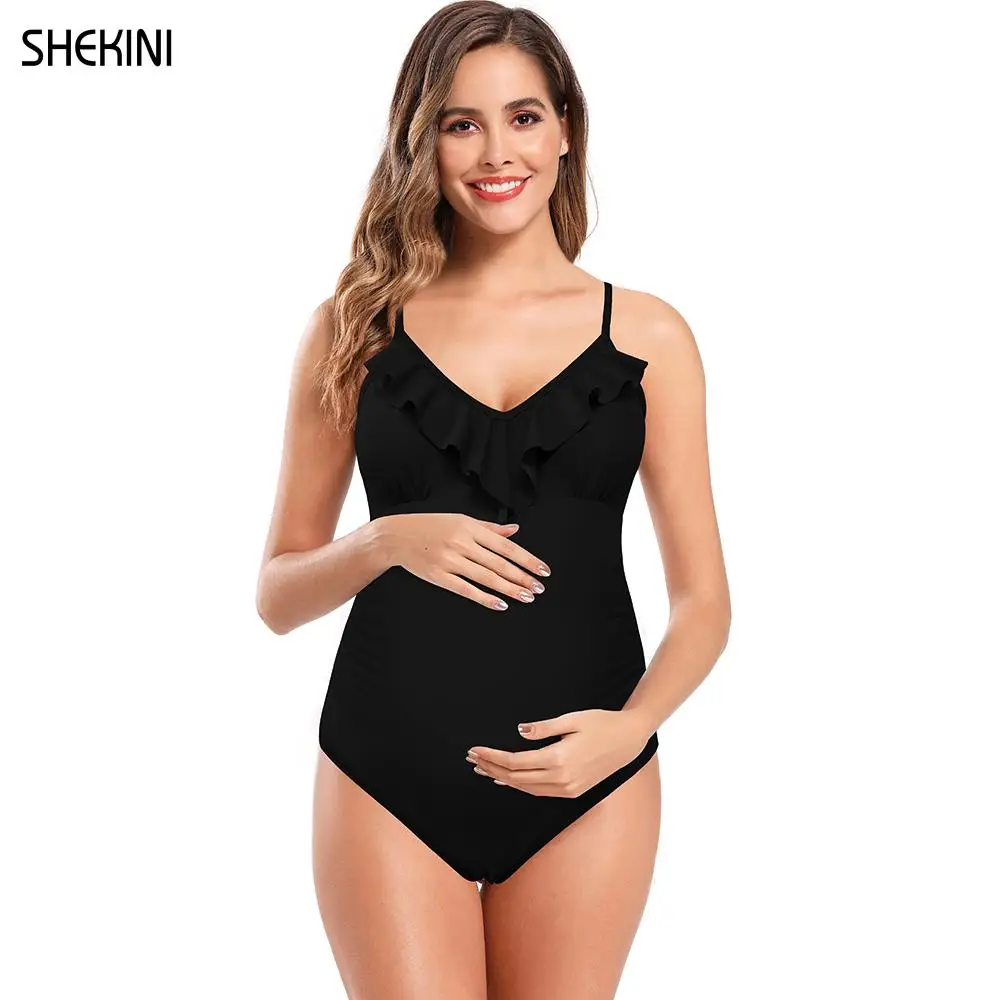 

SHEKINI Women's V-neck Ruffle Maternity One Piece Swimsuit Ruched Pregnant Bathing Suit Stylish Strap Bikini Beach Swimwear