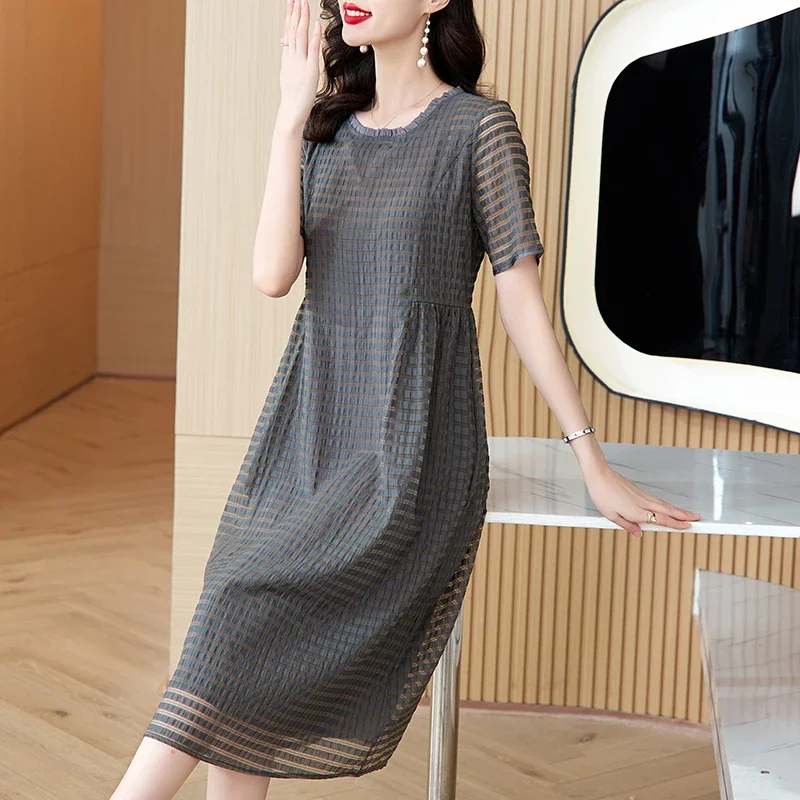 

Spring Summer 2024 Printed Mulberry Silk Midi Fall Retro Casual 5XL Plus Size Long Sleeve Dress Elegant Women Vestidos Z520