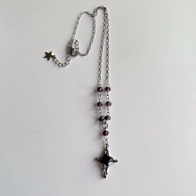 Lariat Rosary beaded necklace with Black Star pendant / whimsigoth 