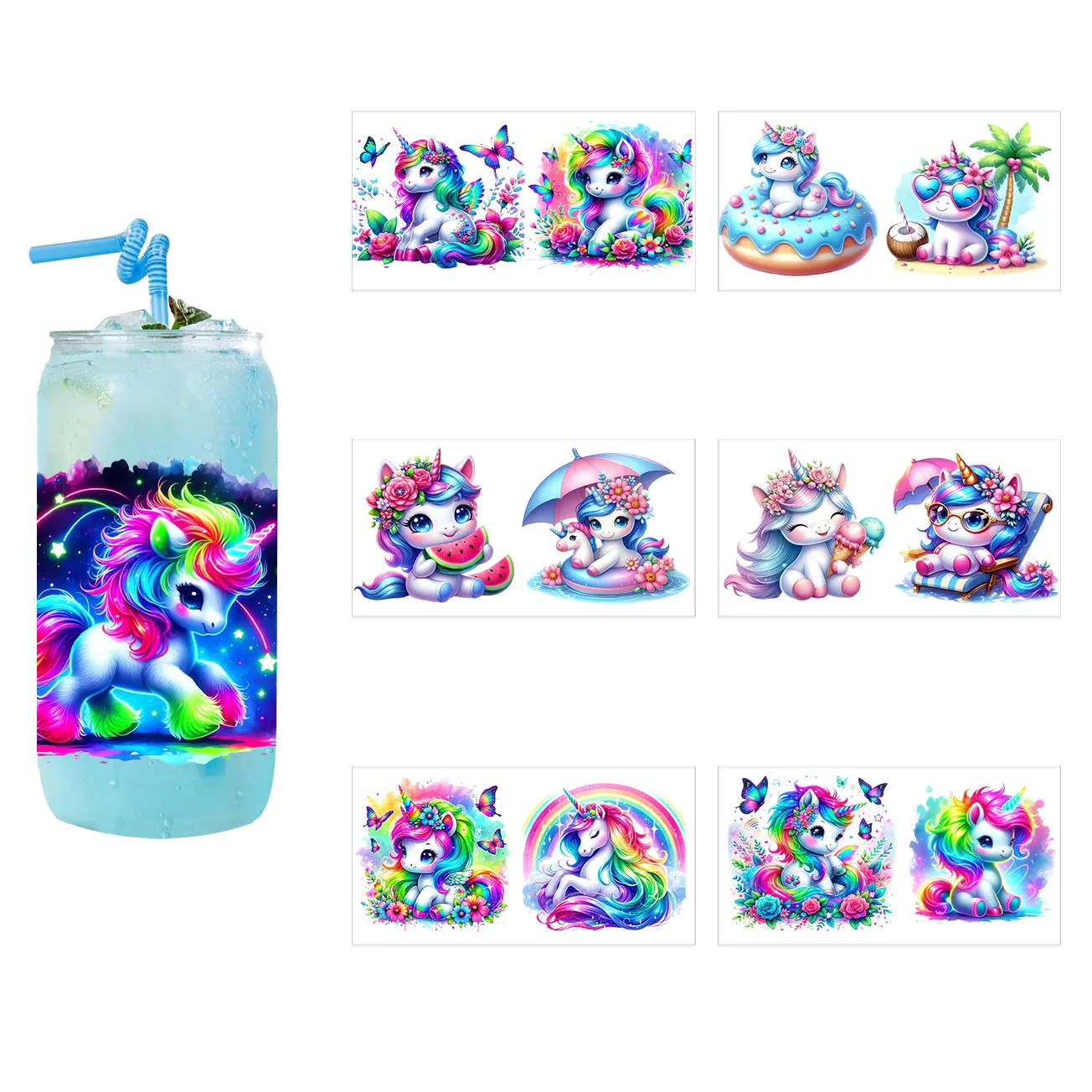 Colorful Unicorn Series easy peel waterproof DIY Decals Retro Beauty 3D transfers uvdtf crystal sticker 16oz uv dtf cup wraps
