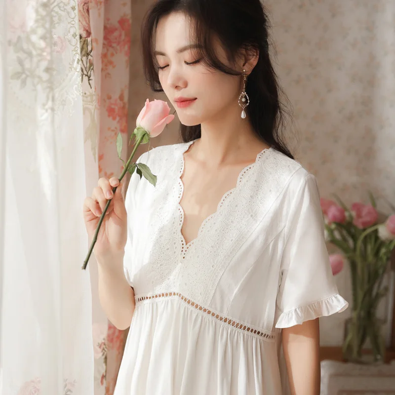 Women Summer Short Sleeves Cotton Nightgowns Sexy V-neck Knee
