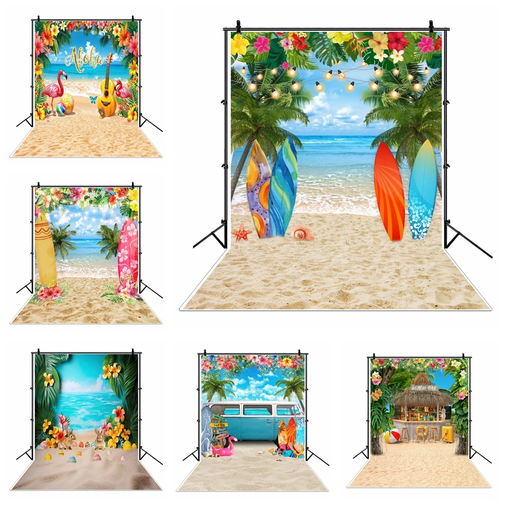 

Summer Tropical Beach Backdrop for Photography Hawaii Blue Sky Palm Tree Surfboard Seaside Scene Wedding Party Photo Background