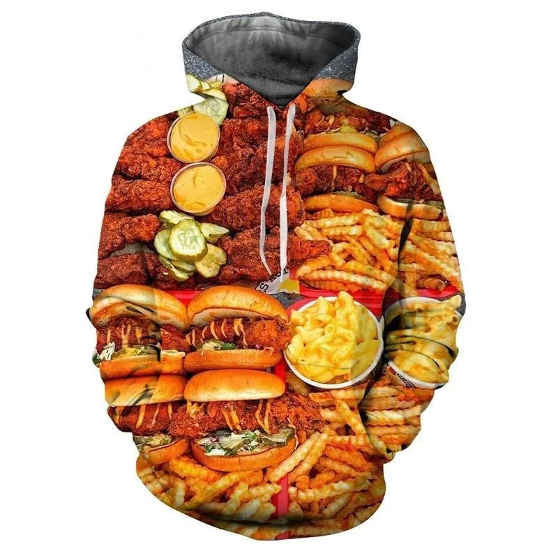 thumbnail image 1 of Sudadera con capucha con estampado 3D de hamburguesas y patatas fritas, moda informal, divertida, con patrón de comida rápida, sudaderas con capucha para hombre, manga larga, abrigo de gran tamaño, 1 of 4