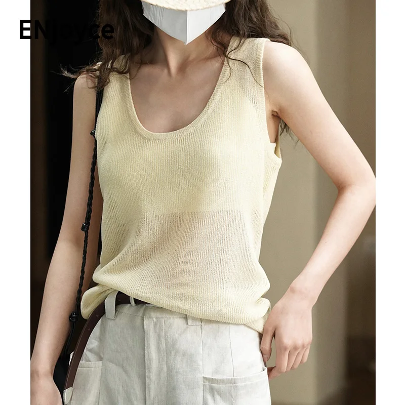 

Женский трикотажный жилет ENjoyce, винтажный топ с U-образным вырезом и без рукавов, облегающий топ в Корейском стиле, Y2K, на лето, майка женская