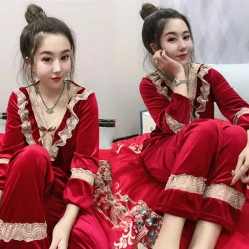Velvet Pajama Sets Women Flower Lace Kawaii Clothes Long Sleeve Sleepwear Pajama Pant Korean Homewear Spring Autumn 2 Piece Suit