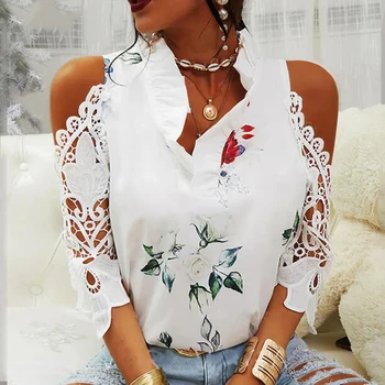 Summer Female Strapless Tops Casual Sexy Hollow Flower Printed Women Blouse Elegant V-Neck Short Sleeve Lace Shirt Blusas 19361 1