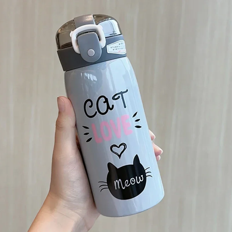 Thermos Cartoon Cat Stainless Steel 350ml/500ml Vacuum Flask With Straw Portable Kids Mug Travel Thermal Water Bottle Tumbler