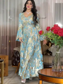 Muslim Dress Dubai Robe Flare Sleeves V Neck High Waist Elegant Middle East Evening Dresses