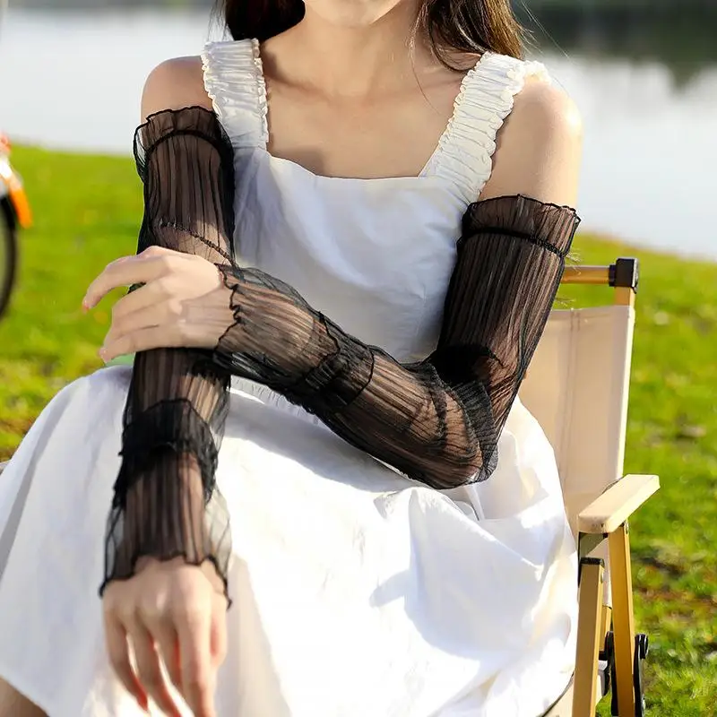 Sommer-Sonnenschutzärmel für Damen, fingerlose Spitzen-Mesh-Armabdeckungen, UV-Schutz, atmungsaktive, dünne Handschuhe für – Detail 3