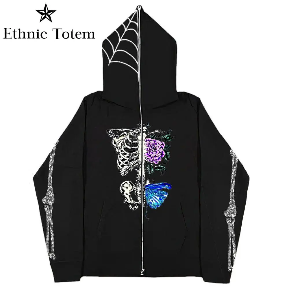 Y2K Zip Up Hoodie Men Skull Zipper Vintage Y2K Coat Oversized Hoodies Harajuku Streetwear Demon Sweatshirts Spider Men Women