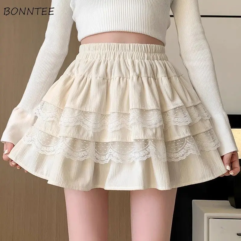 

Mini Skirts Women Solid Lace Decoration High Elastic Waist Pleated A-line Korean Style Spring Summer Casual Sweet Lovely Sexy