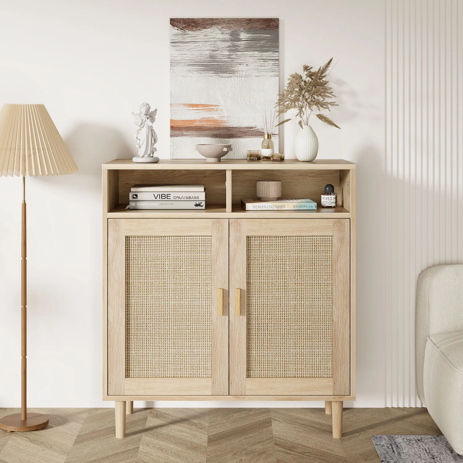 Rattan-Buffet-Sideboard-Set – 4 Türen, verstellbare Regale – Wohnmöbel für den Eingangsbereich, Wohnzimmer, Esszimmer, Küche – Detail 2