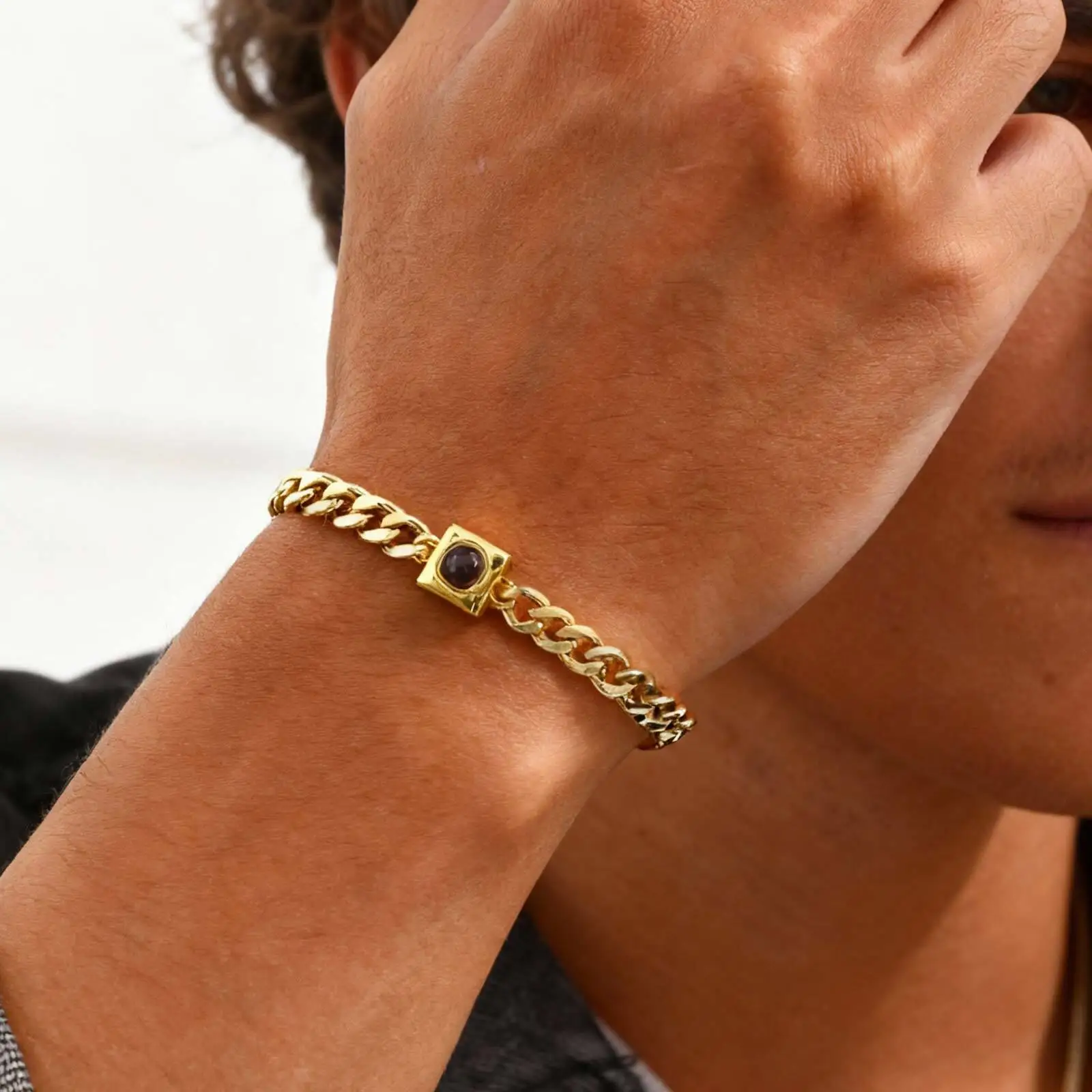 Photo Projection Stone Bracelet for Men Women,Stainless Steel Cuban Chain Wristband,Silver Gold Black Color Adjustable Chain