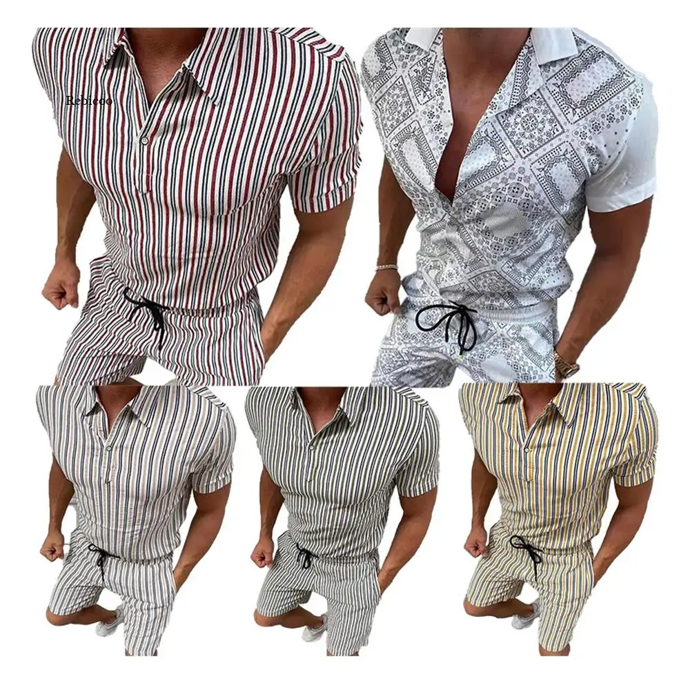 Summer Trendy Print Polo Shirt Tracksuits For Men Short Sleeve Lapel Button Tshirt And Drawstring Shorts Casual 2 Piece Set
