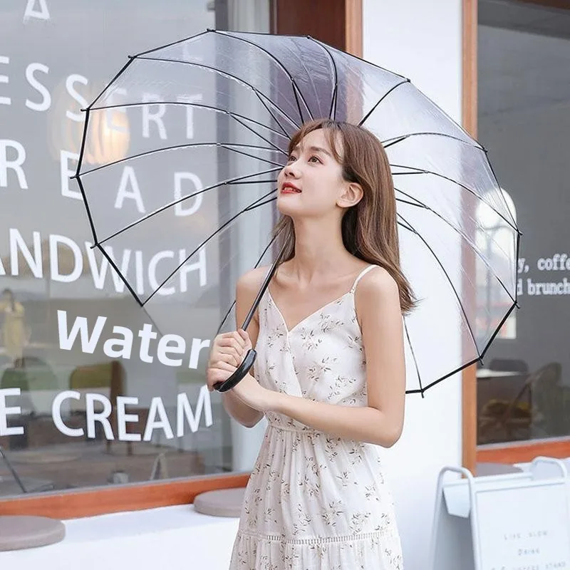 Upaded 24-Bone Transparent Umbrella with Long Handle Bend Hook Reinforced White 6-Bone High Aesthetic Value Rain Umbrella ...