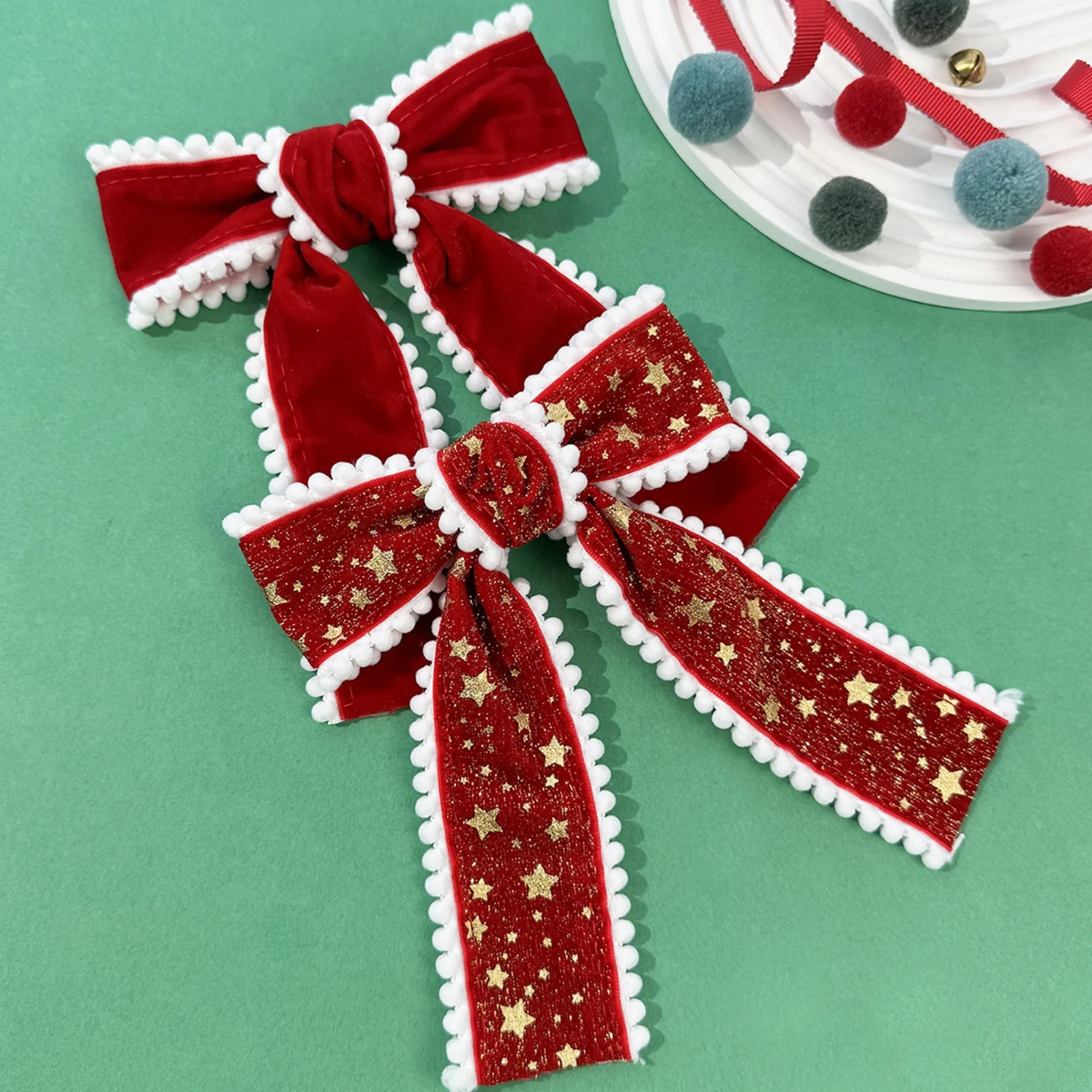1PC Festive Christmas Red Velvet Bow Hair Clip-Cute Pom Pom Trim & Star Pattern Hair Accessory, Perfect for Holiday Parties