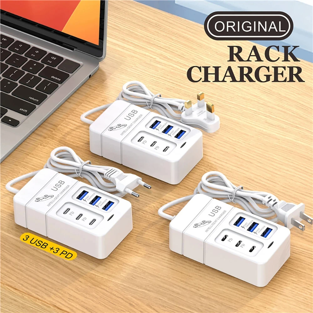 6Ports Multiport USB Charger 35W PD Type-C Mobile Phone Fast Charge Quick Type C Wall Plug Adapter EU US Plug