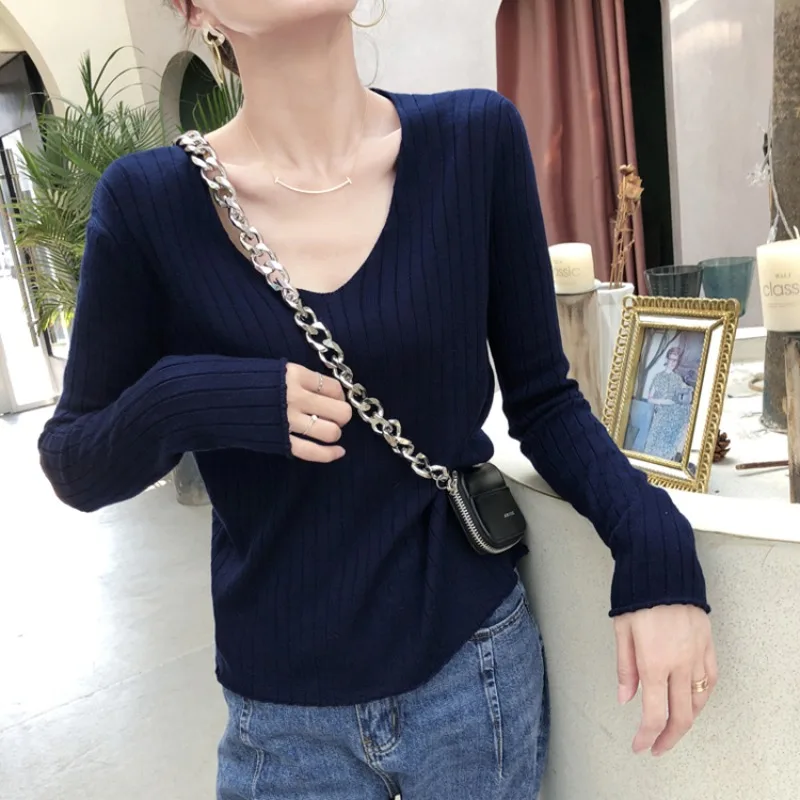 Fashion New Women's Long Sleeve V-Neck Sweater Solid Color Knitted Casual Elegant Office Pullover Shirt