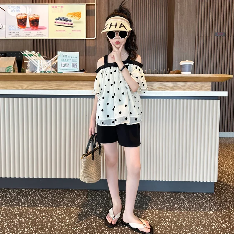Girls Clothing Sets Summer Fashion Polka Dot Chiffon Tops and Shorts Suit Kids Clothes Set Children Off shoulder Girls Outfits