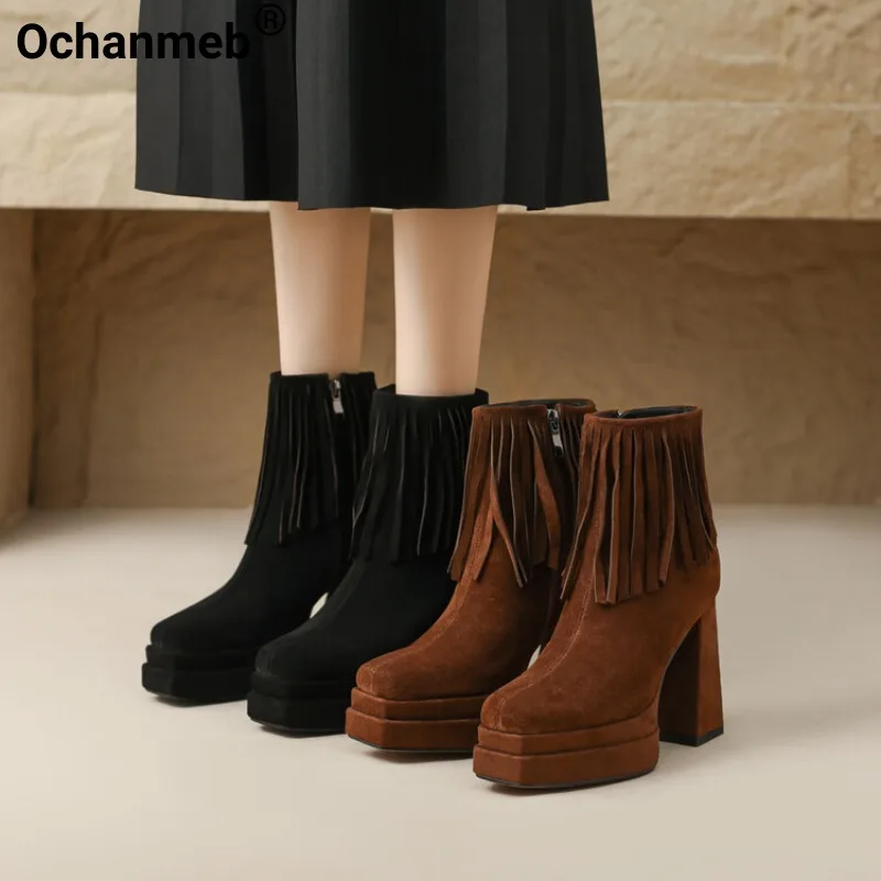

Ochanmeb Women Cow Suede Boots HandMade Tassels Gothic Square Toe Boot Winter Woman Platform Chunky Heels Zipper Fringe Shoes 40