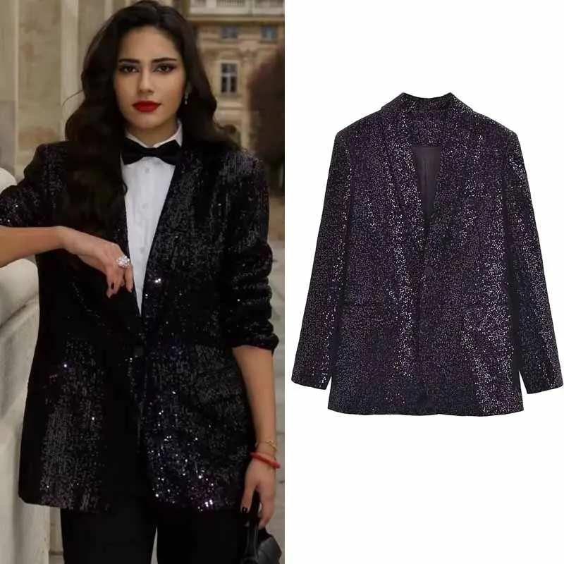 

TRAF Tailor Suit Woman Fashion Blazer Tailoring Sequin Bomber Jacket Lapel Collar Formal Suits Black Suit Coat Long-Sleeved Coat
