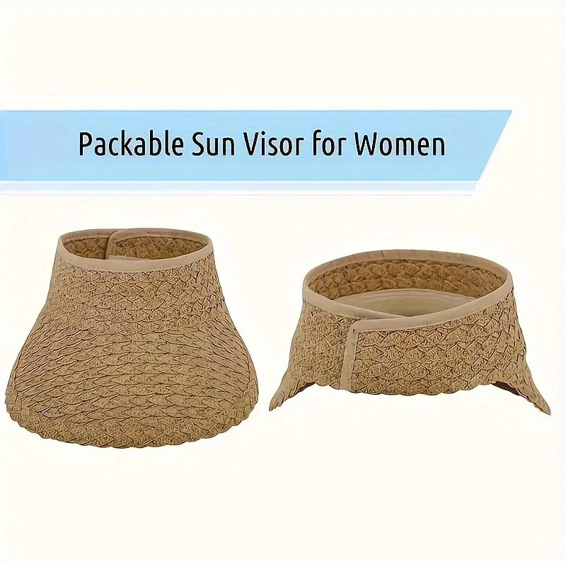 Women's Summer Sun Visor Hat, Foldable Straw Breathable Open-Top , Travel Beach Running Fashion Accessory
