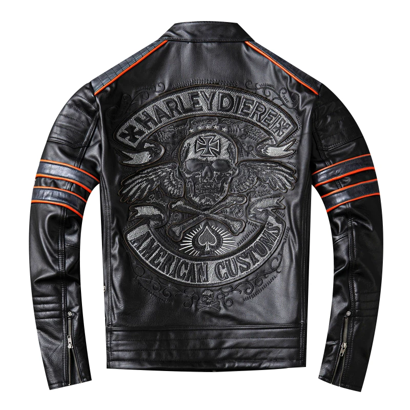 Spring Autumn Genuine Cow Leather Jacket Mens Embroidered Skull Casual Motorcycle Jackets
