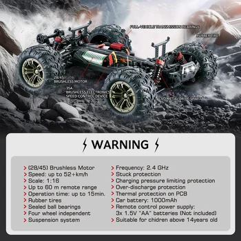1/16 Scale Hobby RC Car, 50 Km/h High-Speed 4WD RC Truck, 2.4 GHz Remote Control Car, All-Terrain Electric Vehicle, 4X4 Remote C 6