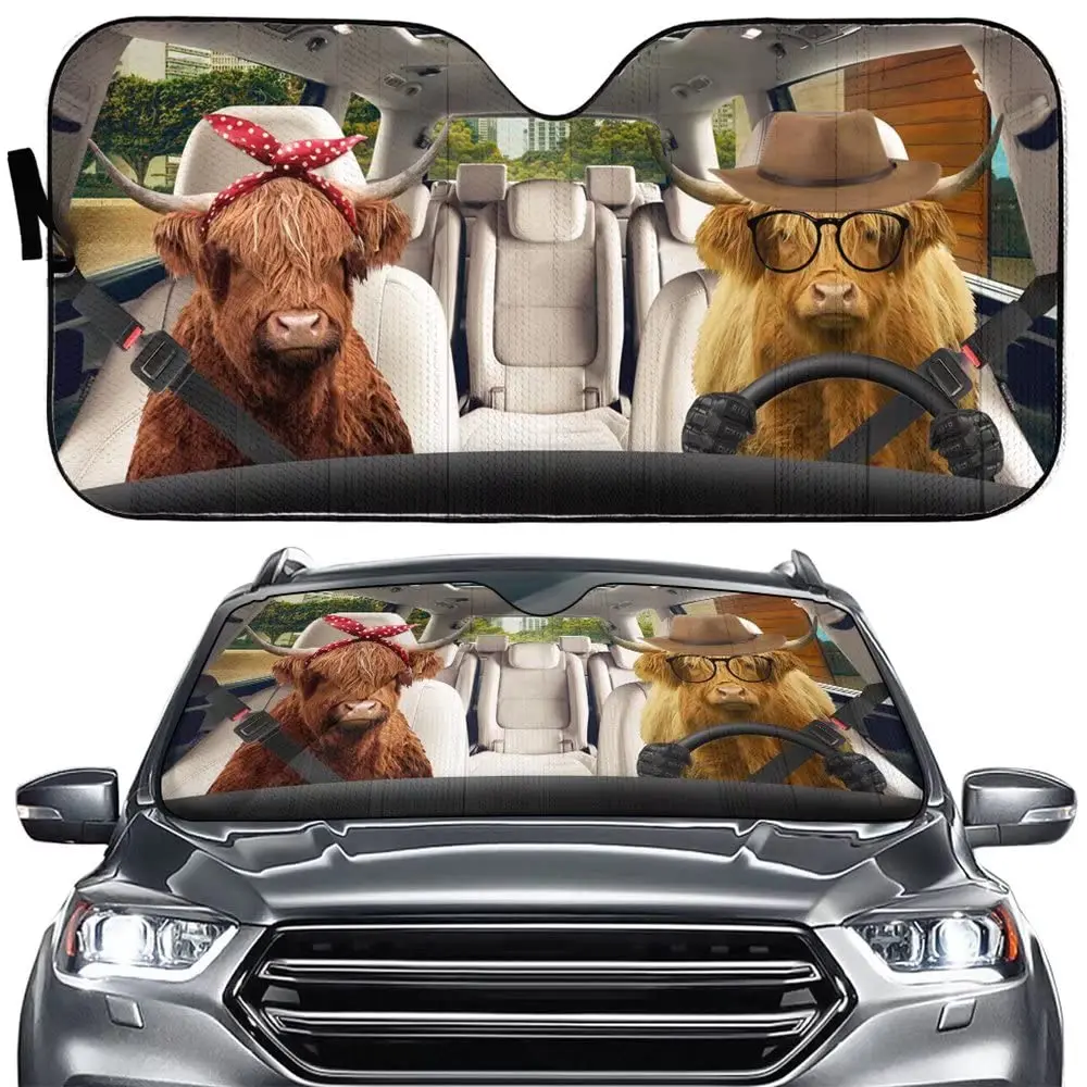 

Tup Funny Farm Animal Front Windshield Sun Shade,Highland Cattle in a Hat Car Windshield Sunshade