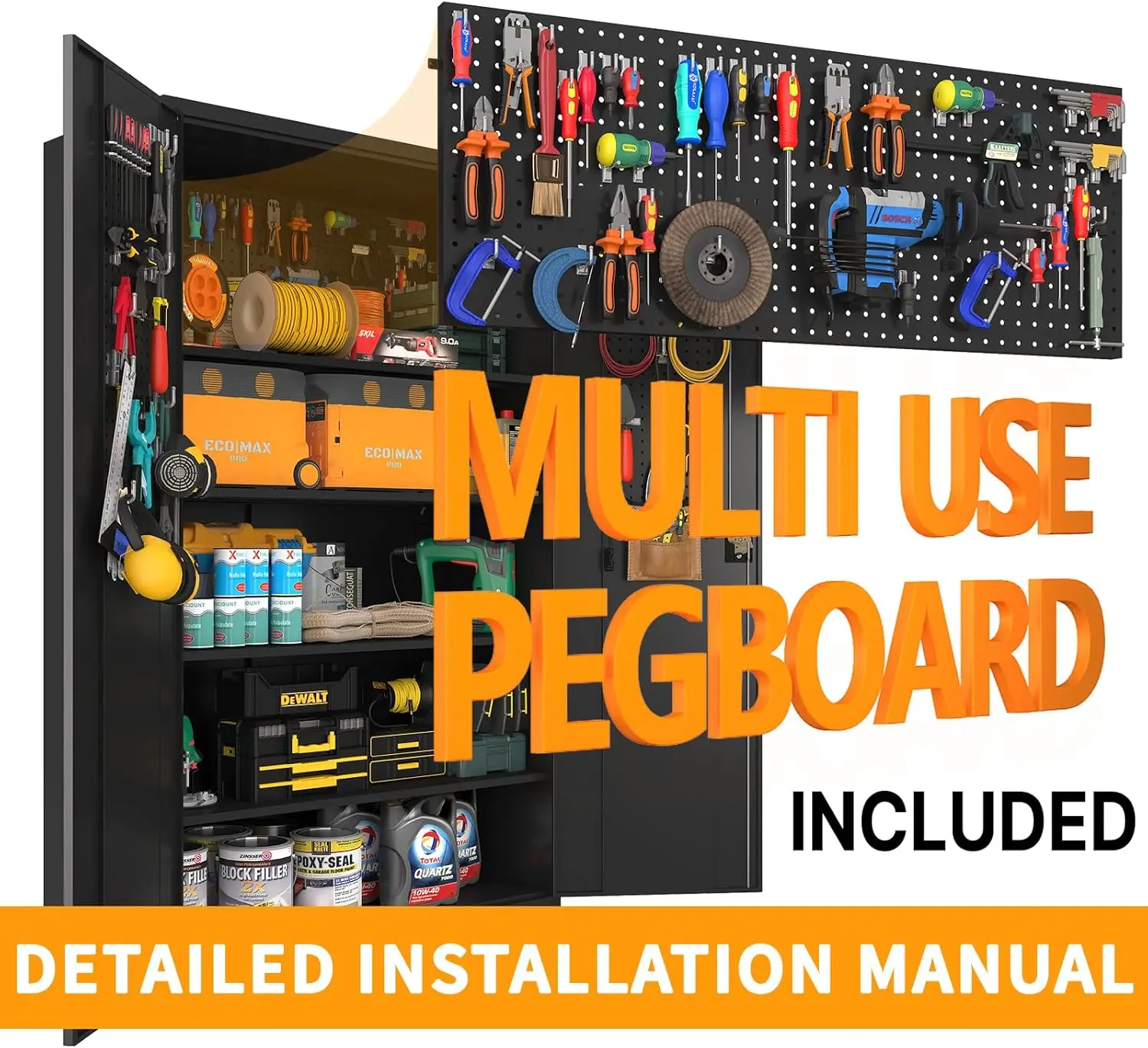 Upgraded high and wide metal storage cabinet with doors and 4 adjustable shelves, equipped with wheels and nail boards 3
