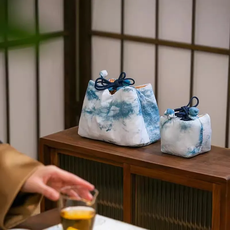 Chinese Zen Style Handmade Tie-Dye Tea Cup Pouch - Thickened Portable Storage Bag for Zisha Teapot & Fast Tea Set