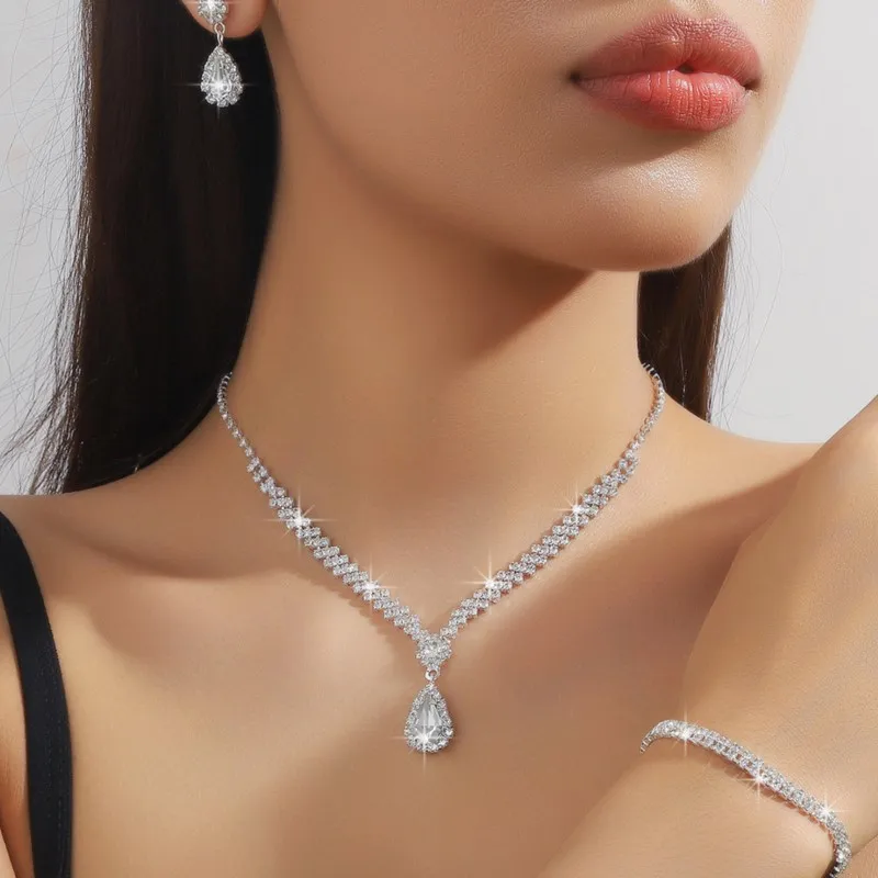 Trendy Water Drop Rhinestone Necklace Bracelet Earrings Jewelry Set for Women Delicate Statement Bride Wedding Jewelry Gifts