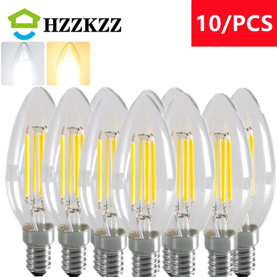 10PCS LED C35  Dimmable Led Bulb E27 E14 Filament Candle Light Bulb 2700k 6000k Cold Warm White Edison Retro Candelabra Led Lamp