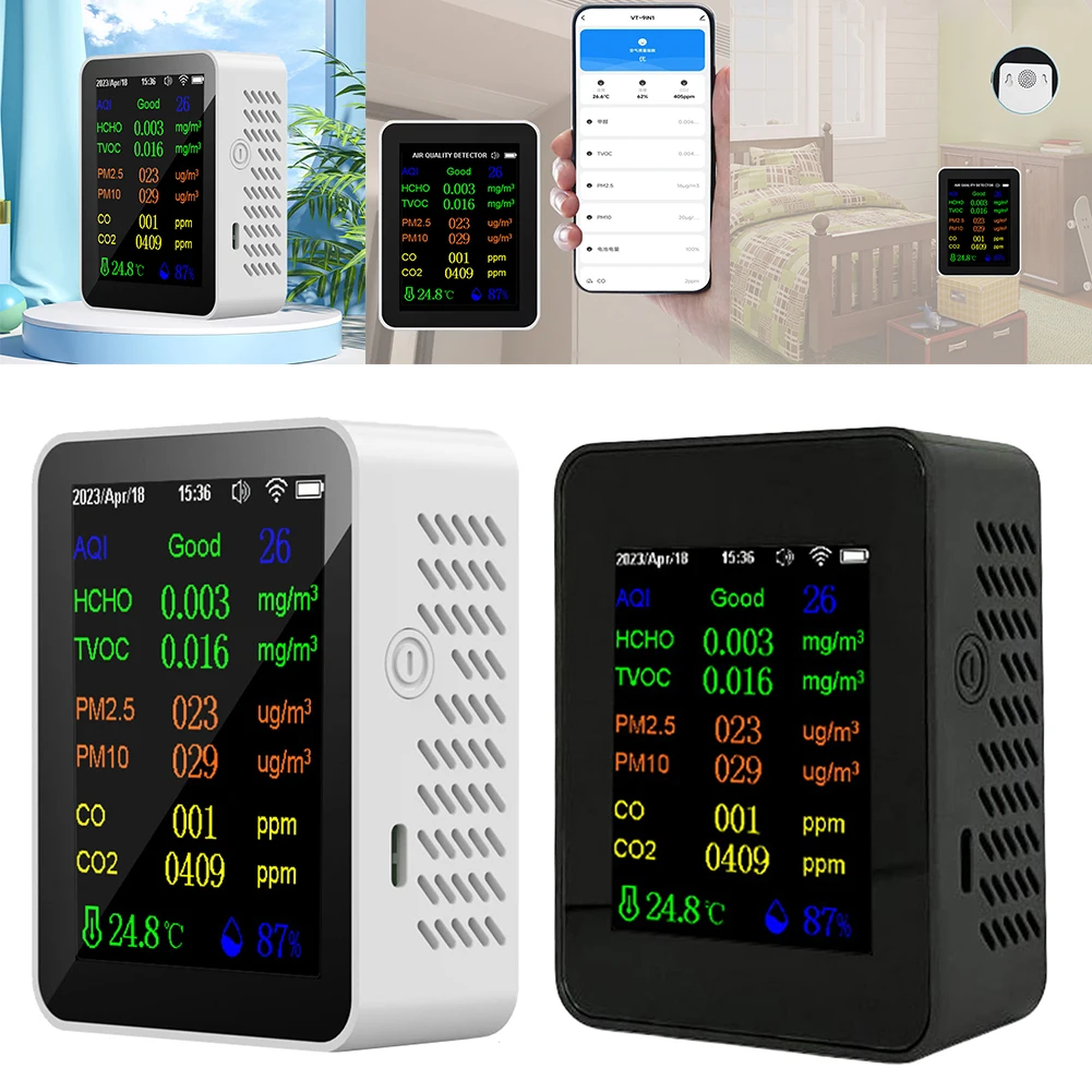 

12 In 1 Air Quality Monitor Formaldehyde Detector with Time/ Date Display WIFI PM2.5 PM10 CO CO2 TVOC HCHO AQI Tester for Indoor