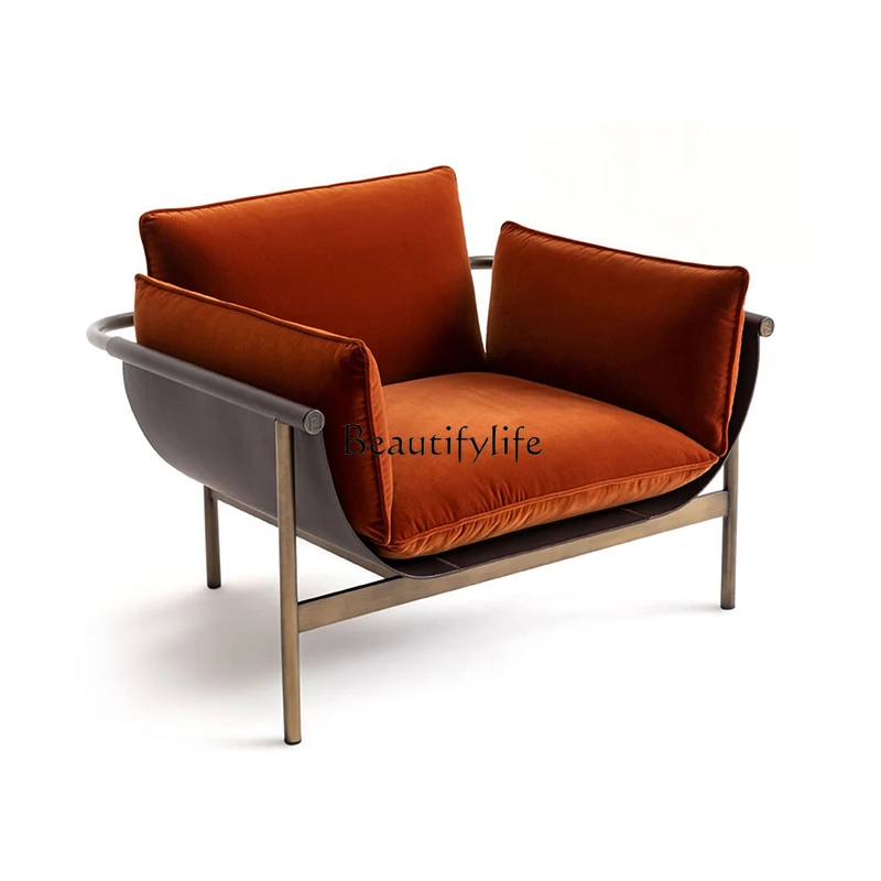

Stainless Steel Single-Seat Sofa Chair Italian Light Luxury Living Room Saddle Leather Leisure Chair