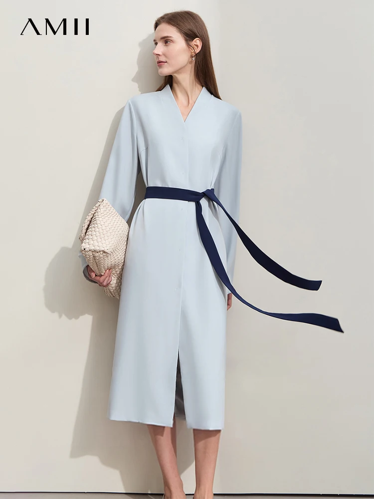 

Amii Minimalism 2024 Women's Dress Spring New Commuter Elegant V-neck Loose Color Spliced Belt Dress Female Long-sleeve 12441223