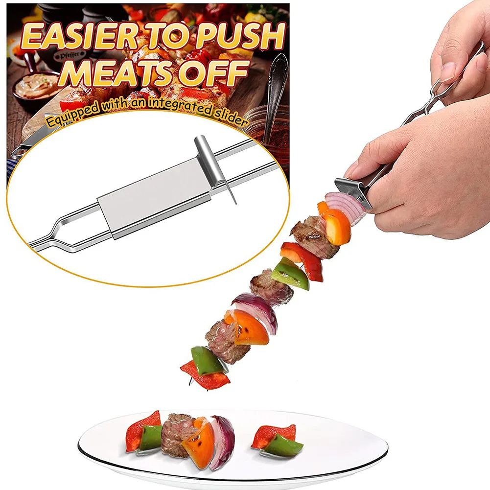 Barbecue Skewers, BBQ Grilling Accessories 6 Pcs Stainless Steel BBQ Skewers BBQ Skewers Push Bar 32.5cm Long Double Pronged For Charcoal Electric Grills Barbecue Tools