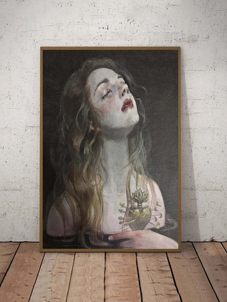 Mystical Vintage-Inspired Woman Wall Art Canvas - Dreamy Dark Tone Emotional Figure Decor Poster Print