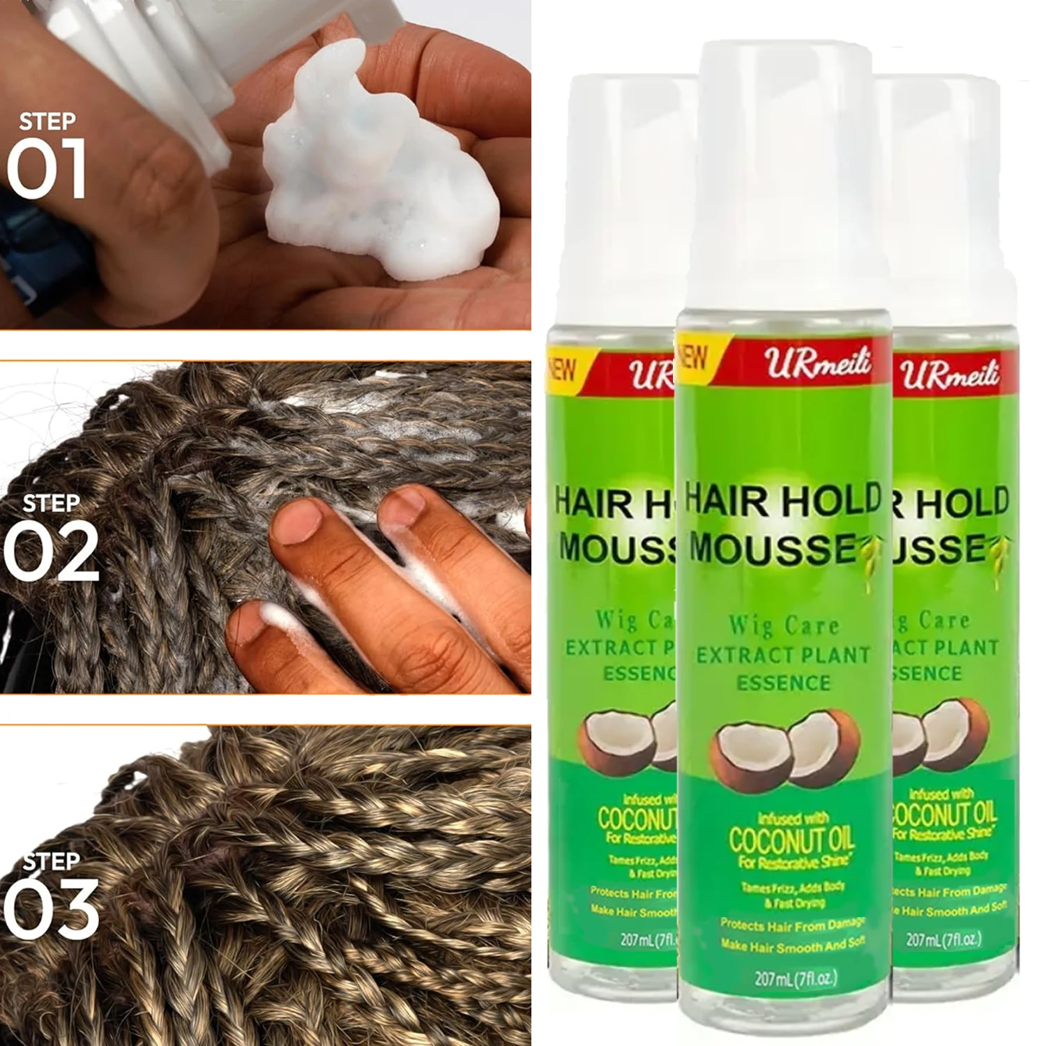 207ml 레이스 멜팅 앤 홀딩 무스, 곱슬거림 감소 및 예방, 건조하고 부드러운 모발에 영양 공급, 가발용 최고의 고정력