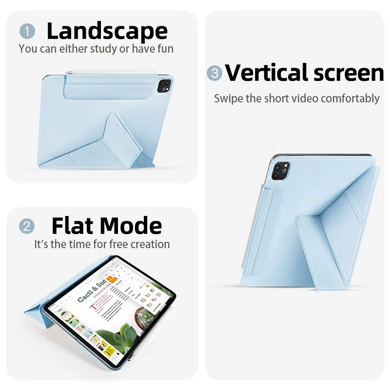 Magnetic Closure Double-Sided Folio with Y-Fold Multi-Angle Stand and Auto Wake/Sleep Feature