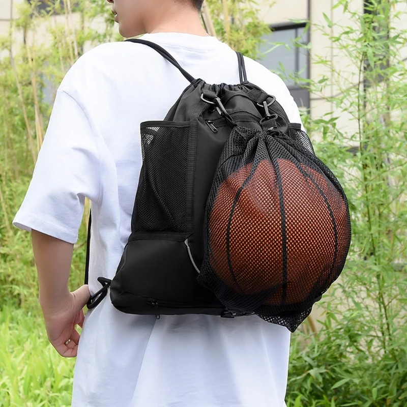 

Drawstring Basketball Shoulder Bags, Boy Foldable Soccer Backpack Gym Bag Sports Sackpack with Double Portable Mesh Bags