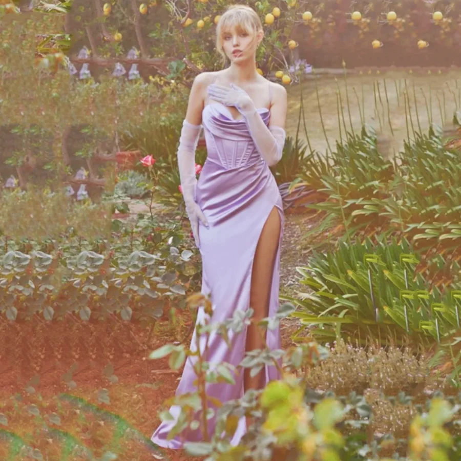 

OUSIRUI 2024 Evening Dress Silk Mermaid Prom Dress Purple Spaghetti Strap Sexy Side Split Party Dress فساتين مناسبة رسمية