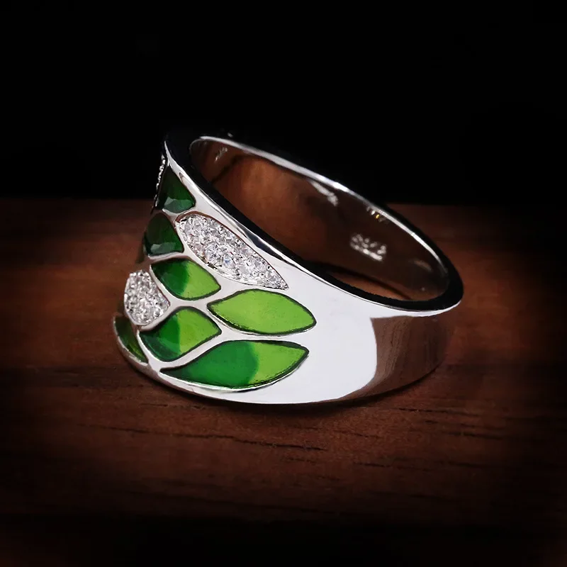 Silver Rings Silver Ring Wedding Rings Elegant Bohemian Style 925 Silver Green Leaf Enamel Ladies Ring Zircon Inlaid Wedding Ring Fashion Jewelry Flower For Women