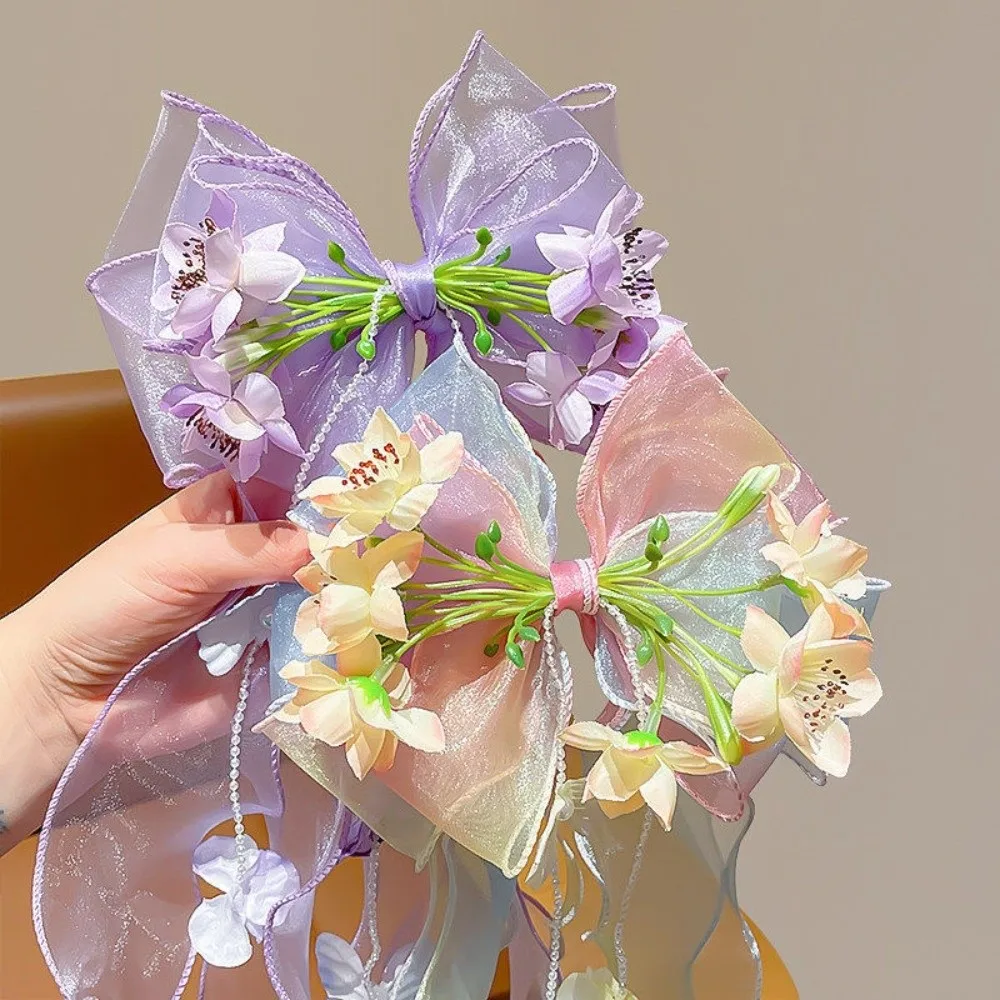 오버사이즈 점보 오간자 리본 비즈 장식 메쉬 소재 소녀용 꽃무늬 헤어핀 이중 레이어 수제 꽃 장식