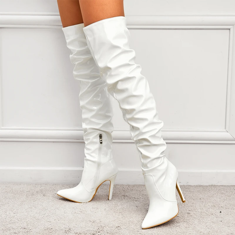 Winter Long Boots Woman Patent Leather Pointed Toe Stiletto High Heels Zipper Over The Knee Boots Botas Altas Sexy Ladies Shoes