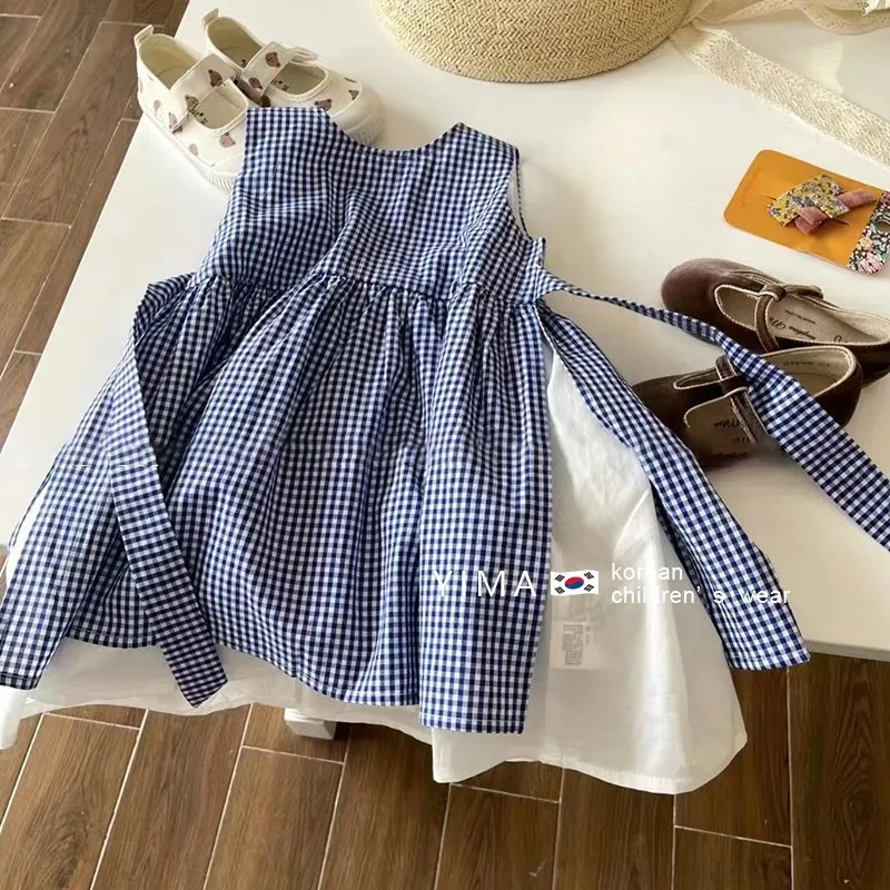 

Ins 2024 Summer Kids Girls Sundress Cotton Plaid Spliced Sleeveless Belt Toddler Girls Dress Children Baby Girls Dress